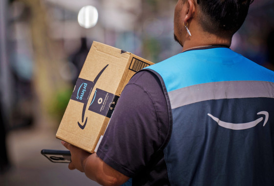 An Amazon package carrier in New York City.