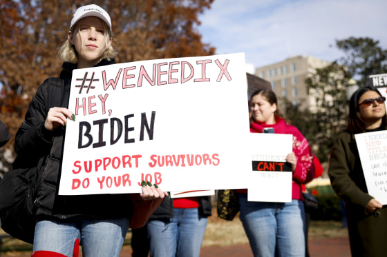 Activists hold up signs as they listen during a Title IX rally near the White House.