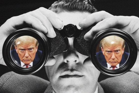 Illustration of a man looking through binoculars and in the lenses is former President Donald Trump at his hush money trial in a New York court