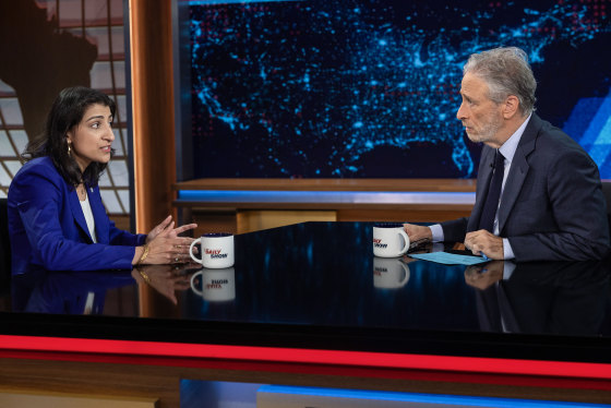 Jon Stewart in conversation with Federal Trade Commission Chairperson Lina Khan on "The Daily Show" on April 1, 2024.