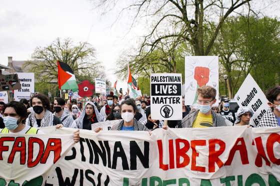 University students rally and march against Israeli attacks on Gaza at the University of Michigan on April 28th, 2024.