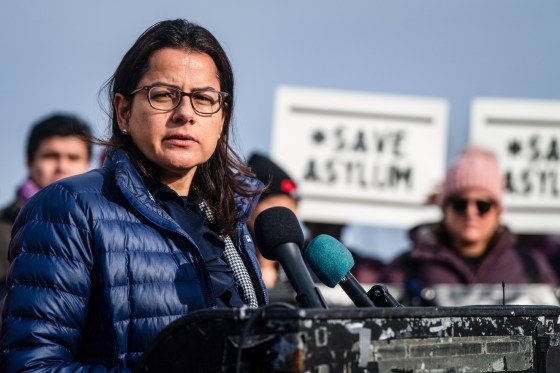 Nanette Barragan speaks outside during a news conference