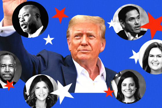 Photo illustration of Donald Trump and potential VP candidates: Marco Rubio, Sarah Huckabee Sanders, Elise Stefanik, Kristi Noem, Ben Carson, and Tim Scott