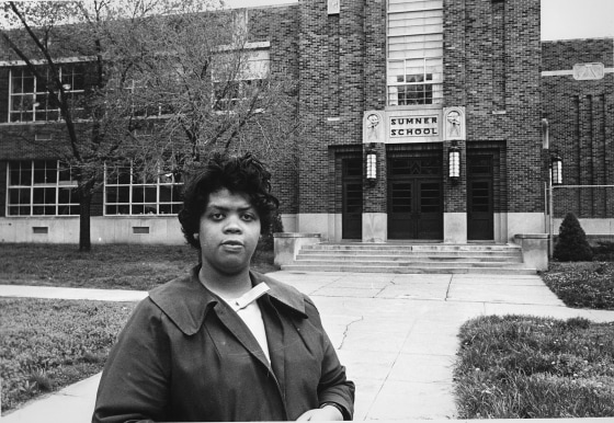 Linda Brown Smith in front of the Sumner School in Topeka, Kan., on May 8, 1964. 