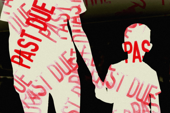 Photo illustration of man parent holding child's hand with "Past Due" stickers overlaid atop them 