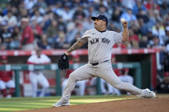 New York Yankees pitcher Nestor Cortes throws during the first inning of a baseball game against the Los Angeles Angels, in Anaheim, Calif.