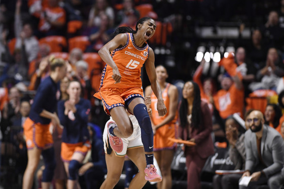 Tiffany Hayes, while playing for the Connecticut Sun, reacts after making a 3-point basket against the New York Liberty last season.
