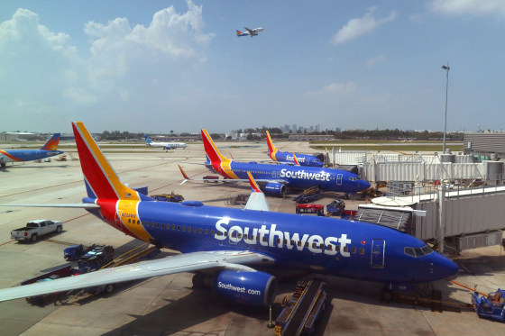 Southwest Airlines airplanes are serviced at their gates at Fort Lauderdale-Hollywood International Airport