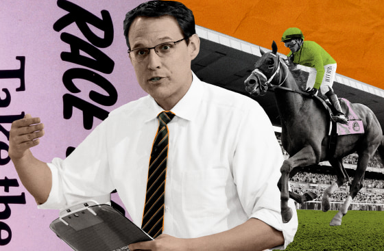 Photo Illustration: Steve Kornacki and a jockey from Belmont Stakes