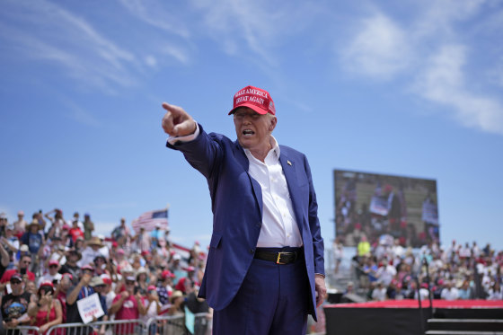 Former President Donald Trump points to the crowd after speaking Sunday, June 9, 2024, in Las Vegas