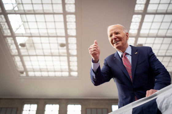 Joe Biden gives a thumbs up at a campaign rally at Girard College in Philadelphia