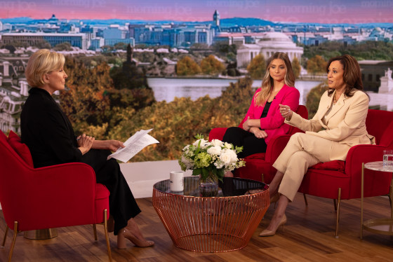 Kamala Harris, right, and Hadley Duvall during an interview with Mika Brzezinski.