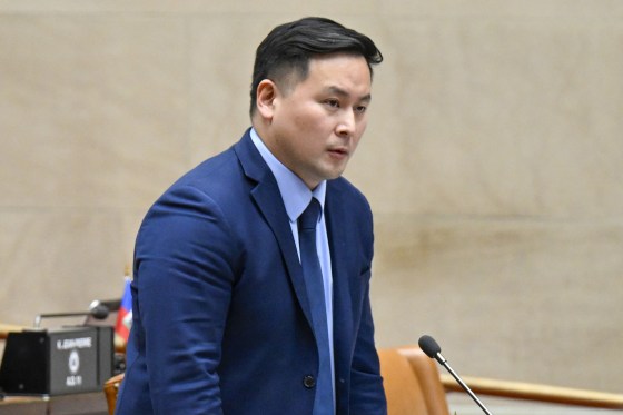 Assemblyman Ron Kim debates budget bills during a legislative session in the Assembly Chamber at the state Capitol, in Albany, N.Y.