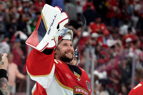 Florida Panthers goaltender Sergei Bobrovsky waves after the Panthers defeated the Edmonton Oilers in Game 1 of the NHL hockey Stanley Cup Finals Saturday. (