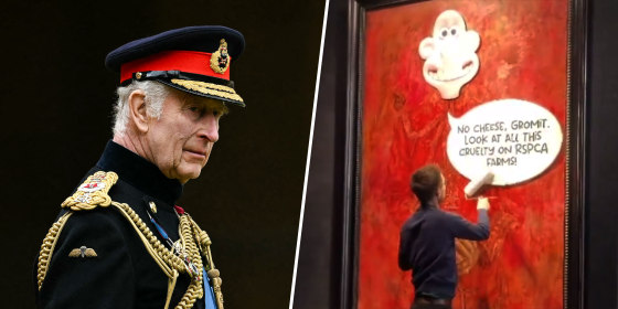 image of king charles next to an image of someone vandalizing his portrait painting