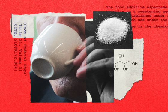 Collage of FDA legal documents, a person drinking coffee and a pile of sugar.