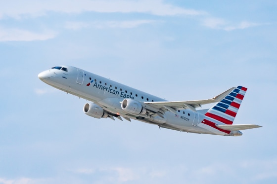 American Eagle Embraer ERJ 170-200 takes off at Los Angeles international Airport on July 30, 2022 in Los Angeles, California.  