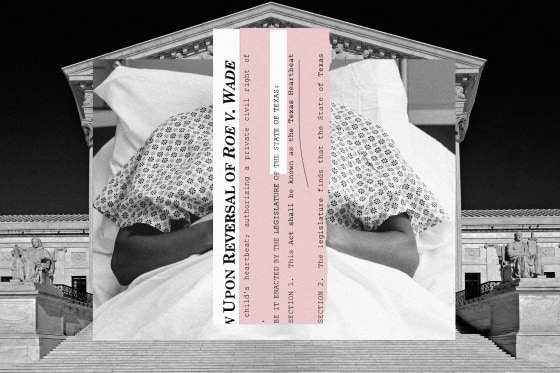 Photo collage of woman in hospital bed against image of Supreme Court. Text overlay that reads "upon reversal of Roe v. Wade" 