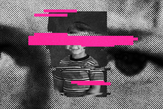 Child's school portrait is glitched with pink rectangles abstracting the subject to represent AI, along with a closeup pair of eyes peering in the background.