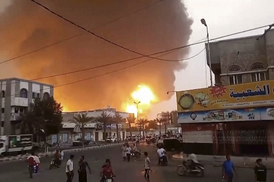 In this image from video, smoke and flames rise from a site in Hodeidah, Yemen, on Saturday, July 20, 2024. The Israeli army says it struck several Houthi targets in western Yemen following a fatal drone attack by the rebel group in Tel Aviv the previous day.