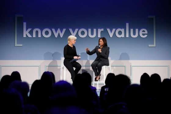 Kamala Harris and Mika Brzezinski talk on stage