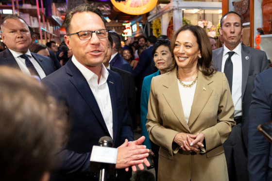 Kamala Harris and Josh Shapiro speak to reporters