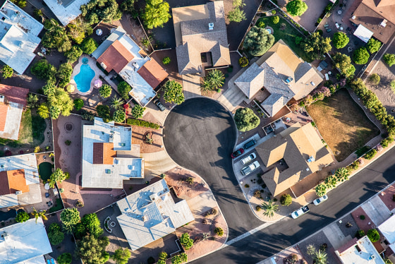 Aerial view looking directly down on a group of houses