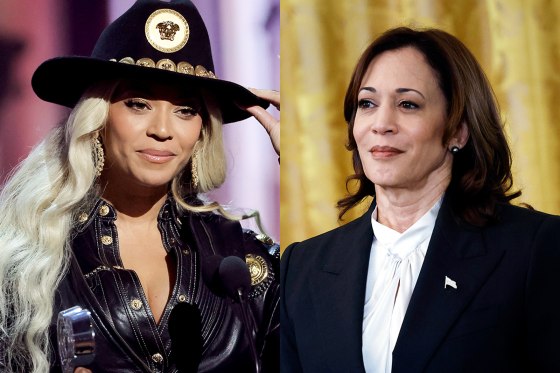 A side by side split of Beyoncé and Kamala Harris