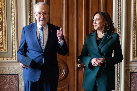 Chuck Schumer speaks as Kamala Harris stands next to him