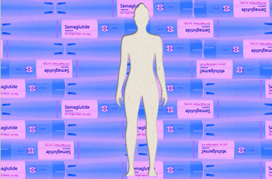 Photo Illustration: A cutout of a woman's body from a sheet of semiglutide injectors