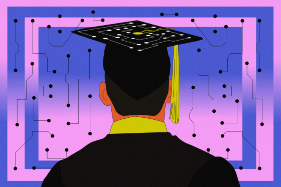 Illustration of college student wearing graduation cap meant to resemble a "microchip" 