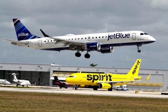 A JetBlue and  Spirit Airlines plane at Fort Lauderdale Hollywood International Airport