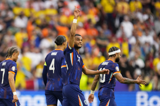 Cody Gakpo of the Netherlands celebrates after scoring the opening goal during a round of sixteen match between Romania and the Netherlands at the Euro 2024 soccer tournament in Munich, Germany, Tuesday, July 2, 2024.