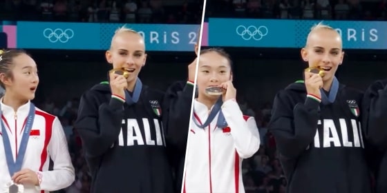Chinese Gymnast's Reaction To Biting Medals Becomes Olympics Meme