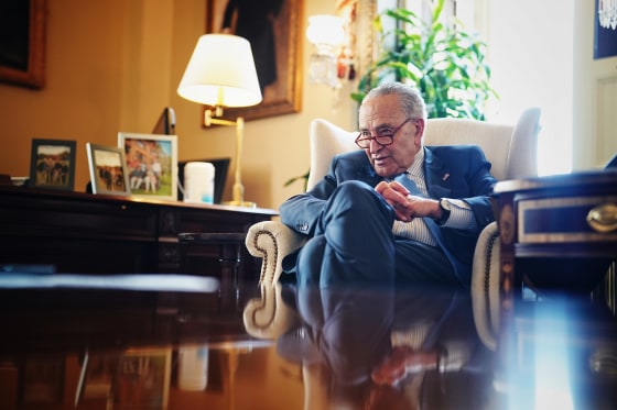 Senate Majority Leader Chuck Schumer speaks with NBC News in his office at the Capitol on Aug. 1, 2024.