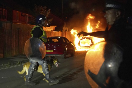 Police faced violent demonstrators in the town of Hartlepool in northeast England, as far-right groups seek to stir anger over an attack they have sought to link — without evidence — to immigrants.