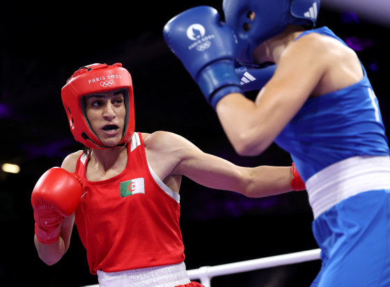 Imane Khelif of Algeria, left, and Angela Carini of Italy during their boxing match at the Olympics on Aug. 1, 2024 in Paris.