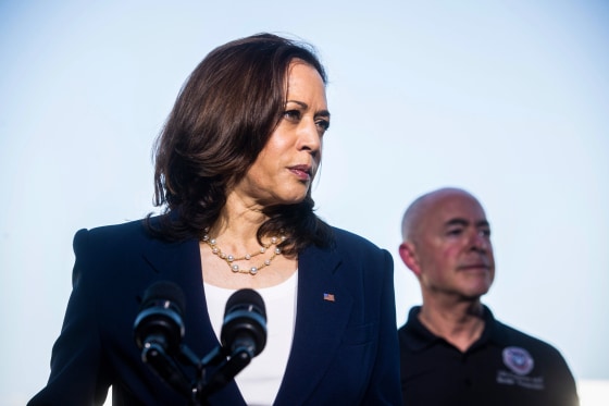 Kamala Harris looks to the right