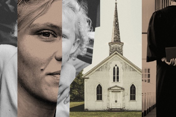 Photo illustration of Marian Ippel as an adult and young girl; next to image of a church and in image of the back of a church minister 