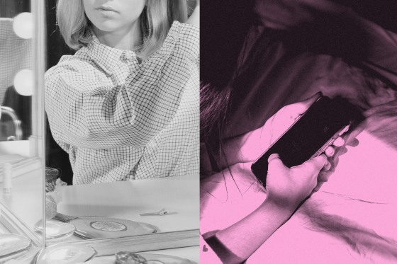 Photo collage of woman brushing her hair and woman scrolling phone