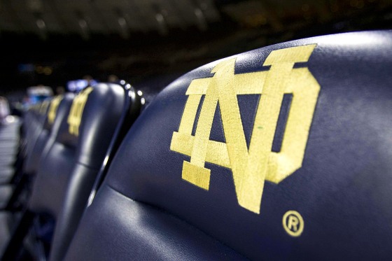 The Notre Dame Fighting Irish logo on a chair in 2015.