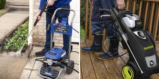  Electric and gas-powered pressure washers can scrub dirt and grime off outdoor surfaces using pressurized water.