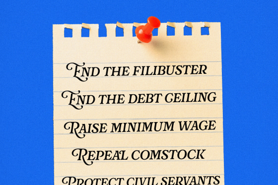 Photo illustration of notepad paper that reads: End the filibuster, End the debt ceiling, Raise minimum wage, Repeal Comstock, Protect civil servants 