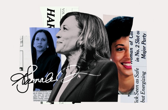 Photo Illustration: A collage of photos of Kamala Harris from different points in her career