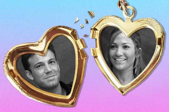 Black and white photographs of Ben Affleck and Jennifer Lopez in a broken heart shaped locket.