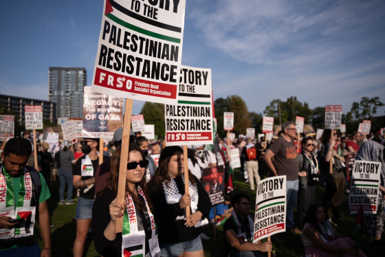 Demonstrators hold signs