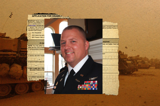 Photograph of Damon Bird with disability form and United States tanks in Iraq behind him.