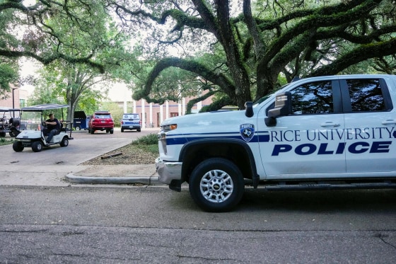 A Rice University Police vehicle sits parked at Jones College