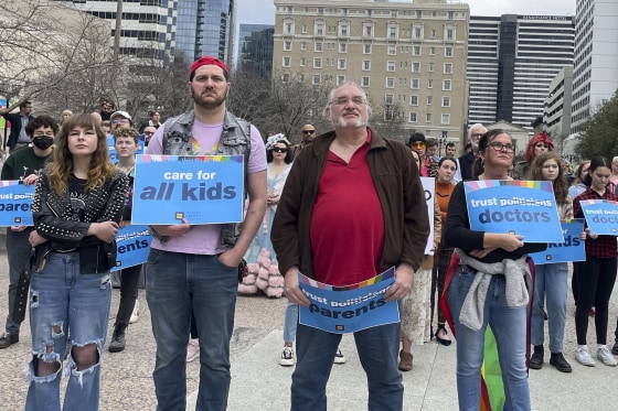 Advocates gather for a rally at the state Capitol complex in Nashville, Tenn., to oppose a series of bills that target the LGBTQ community on Feb. 14, 2023. 