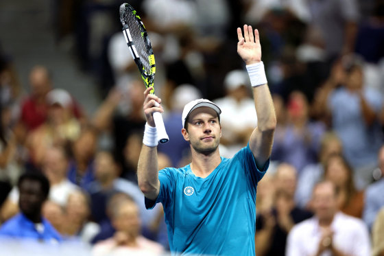 Netherlands' Botic van De Zandschulp celebrates his victory over Spain's Carlos Alcaraz at the U.S. Open.